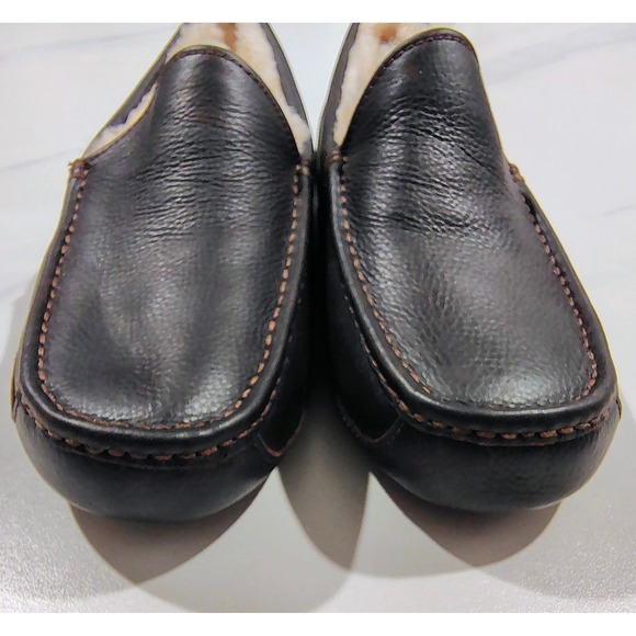 UGG Men\'s Ascot Slippers Sherpa Wool Brown Pebbled Leather Water Resistant  11
